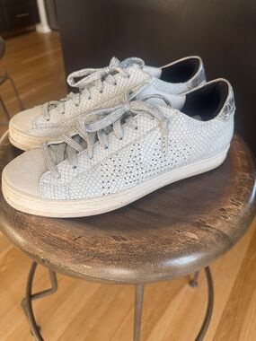P448 White/Silver Snake-Print Low Top Sneakers